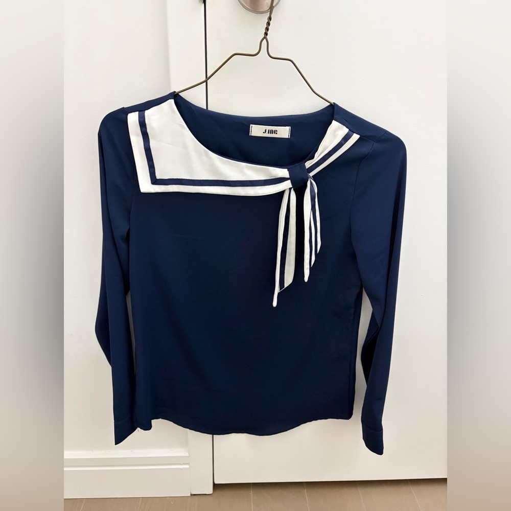 Jing Navy Sailor Contrast Stripe Chiffon Blouse - Size S
